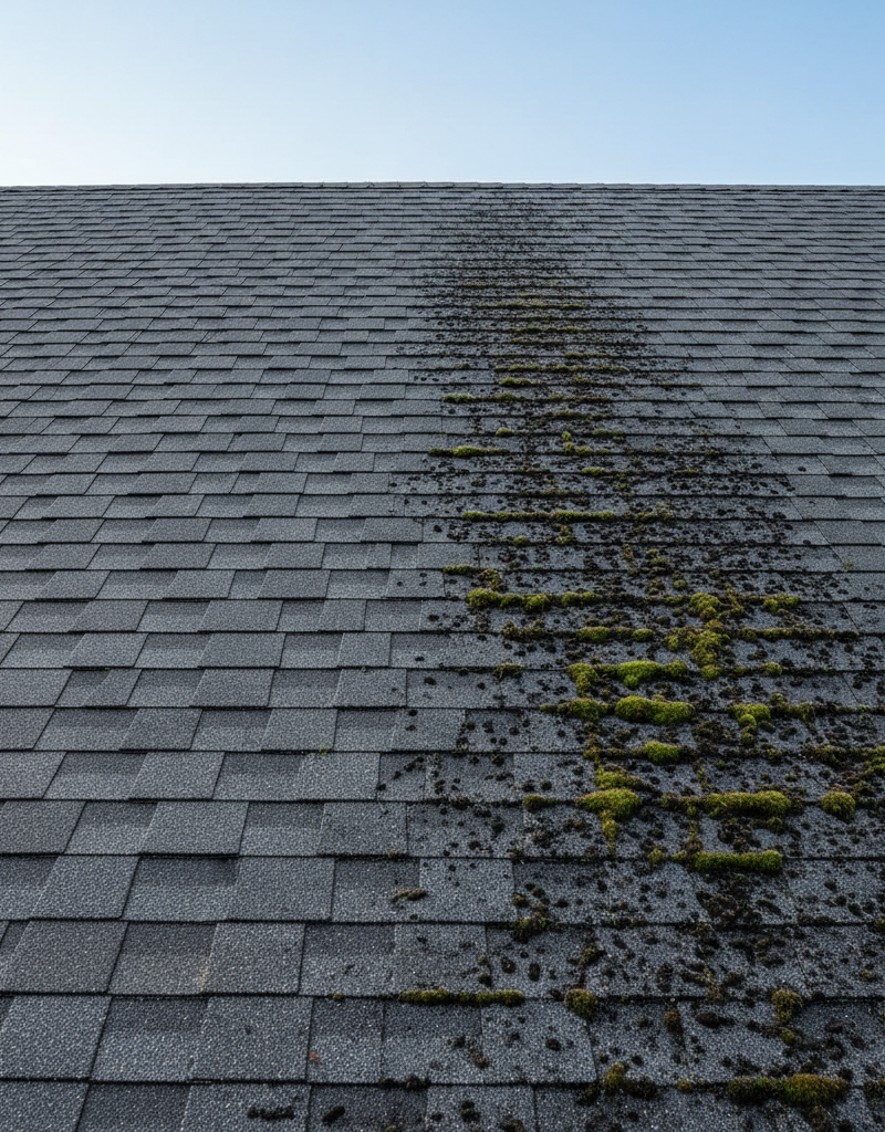 Half-clean, half-dirty asphalt shingle roof showing contrast of heavy algae and moss next to sparkling clean shingles.