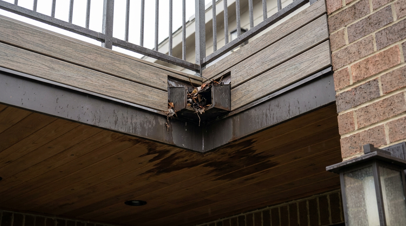 A leaking roof deck corner showing water damage on the ceiling below, with focus on clogged scupper drain.