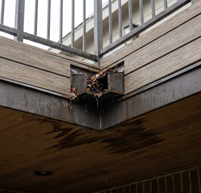 A leaking roof deck corner showing water damage on the ceiling below, with focus on clogged scupper drain.