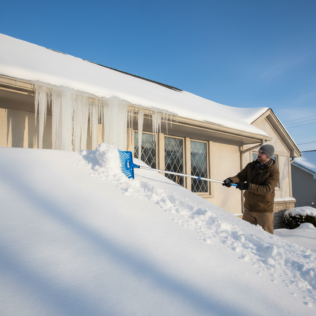 Homeowner safely removing snow from roof edge with a roof rake to prevent ice dams.