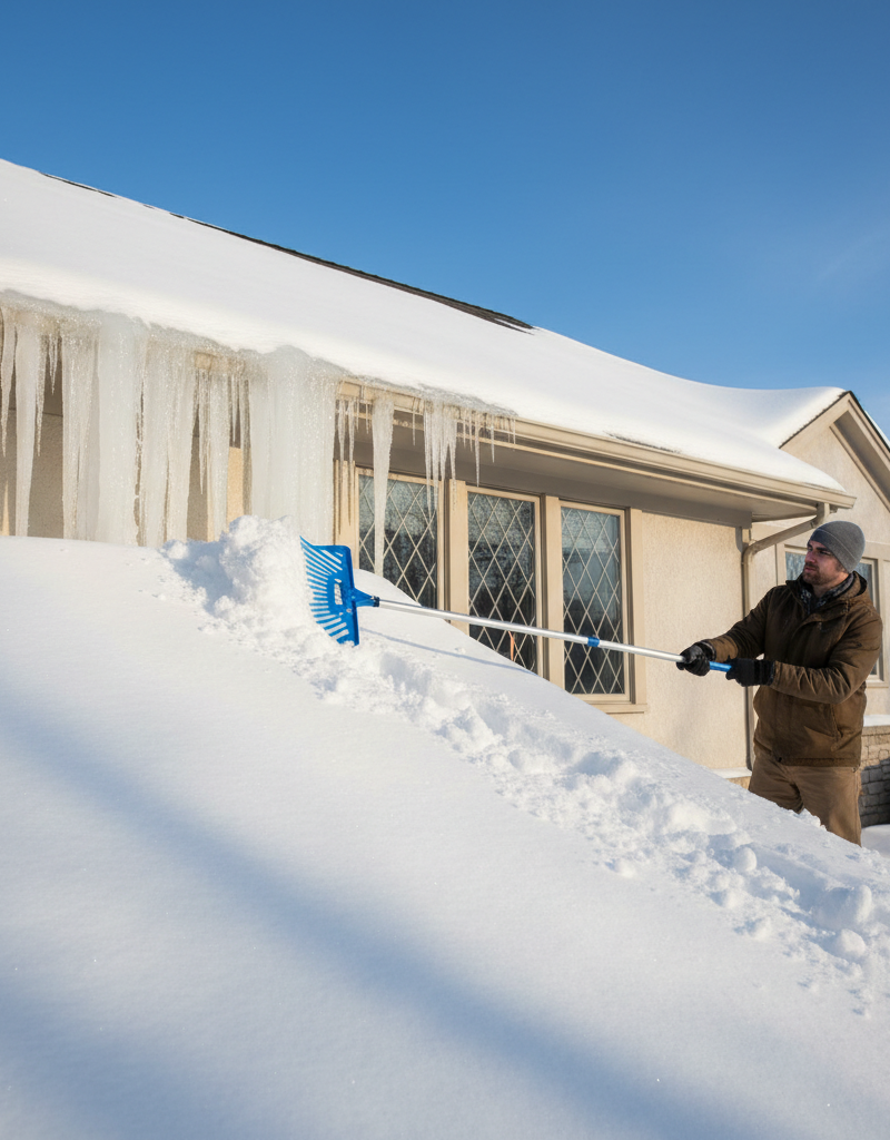 Homeowner safely removing snow from roof edge with a roof rake to prevent ice dams.