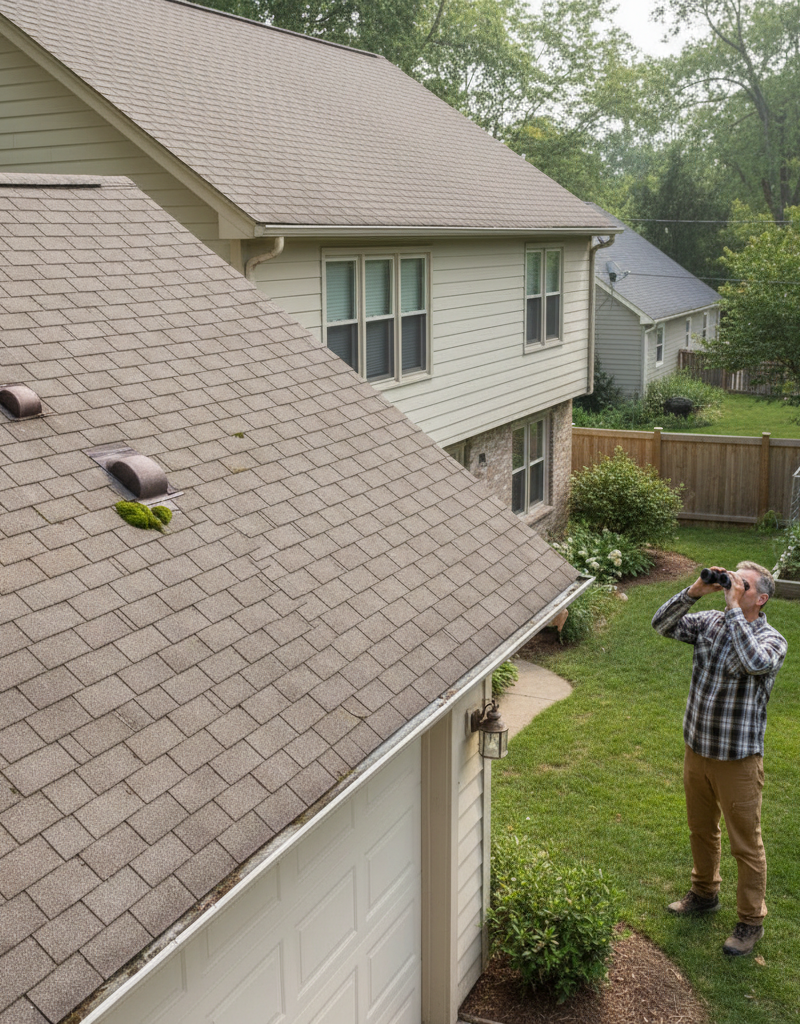 Homeowner inspecting roof from ground with binoculars, looking for damage.