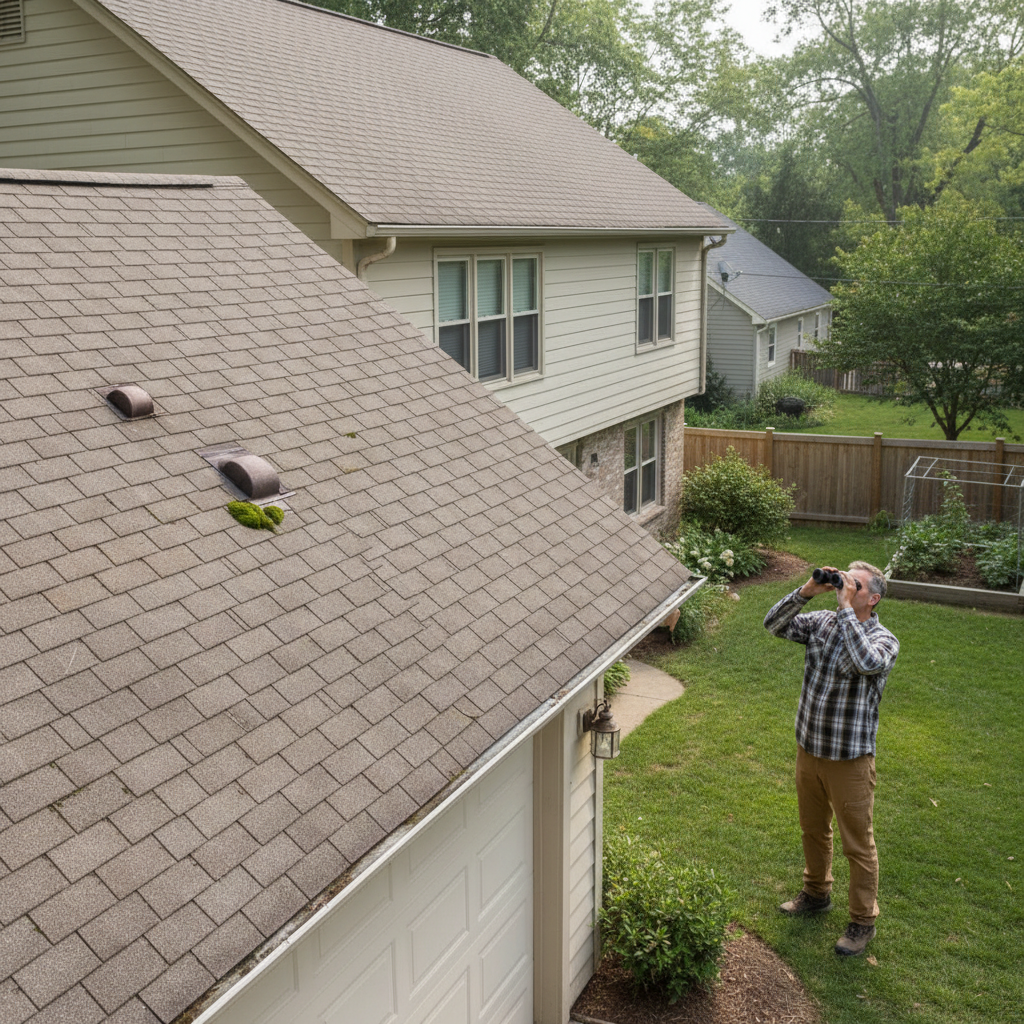 Homeowner inspecting roof from ground with binoculars, looking for damage.