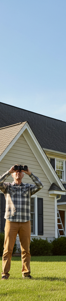 Homeowner safely inspecting roof from ground with binoculars