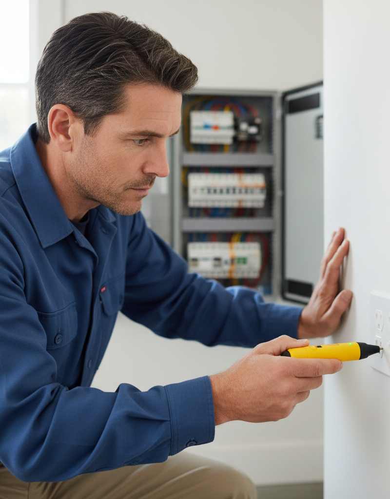 Homeowner checking a dead electrical outlet with a non-contact voltage tester, troubleshooting a room with no power but a breaker that isn't tripped.