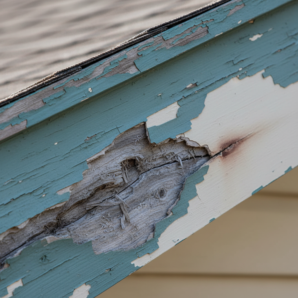 Exterior view of a residential roofline with visible peeling paint and wood rot on the fascia board and some water staining on the vinyl soffit.