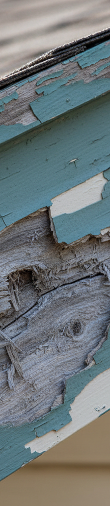 Exterior view of a residential roofline with visible peeling paint and wood rot on the fascia board and some water staining on the vinyl soffit.