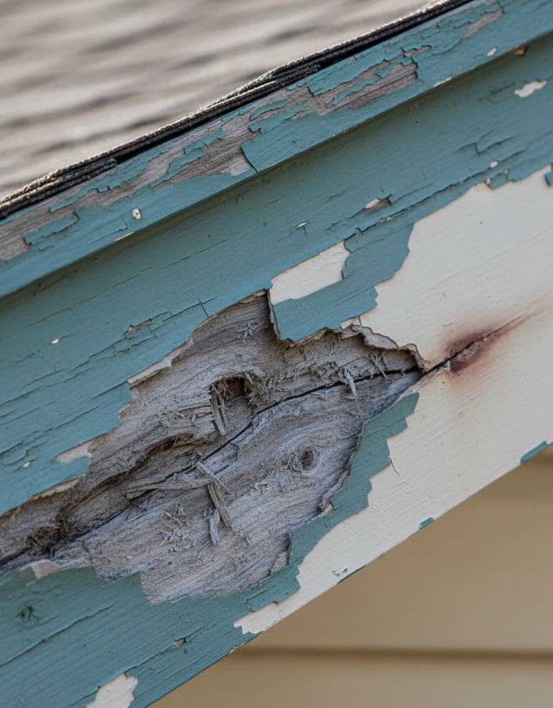 Exterior view of a residential roofline with visible peeling paint and wood rot on the fascia board and some water staining on the vinyl soffit.