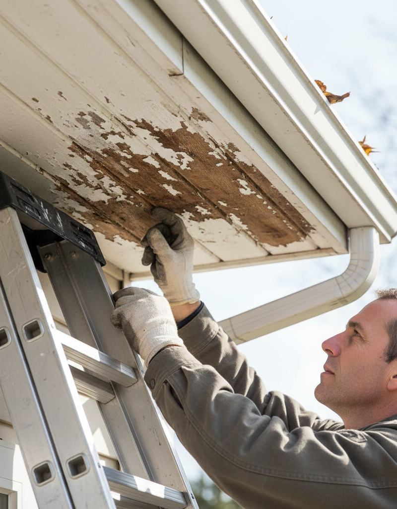 Homeowner on ladder inspecting dark, peeling paint on a wooden soffit, a clear sign of rot.