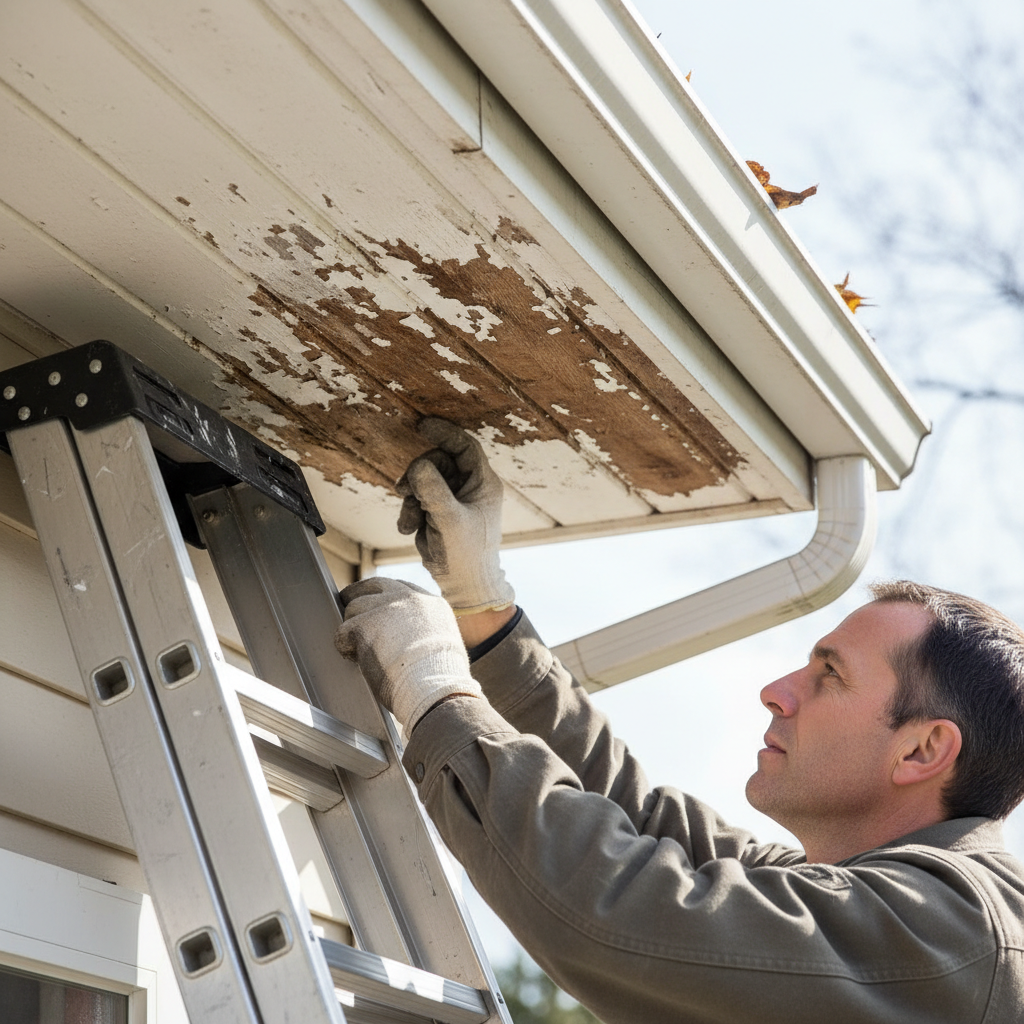 Homeowner on ladder inspecting dark, peeling paint on a wooden soffit, a clear sign of rot.