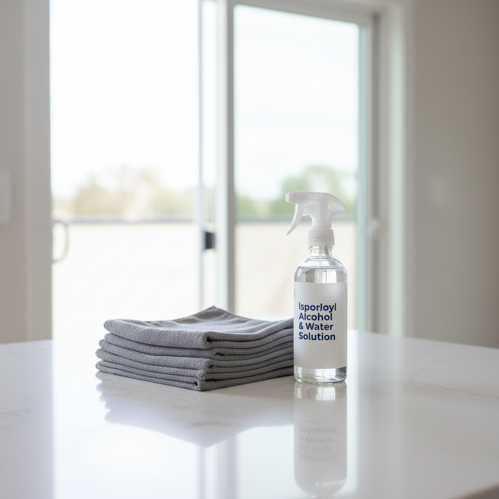 Spray bottle of rubbing alcohol solution with microfiber cloths on a clean kitchen counter.