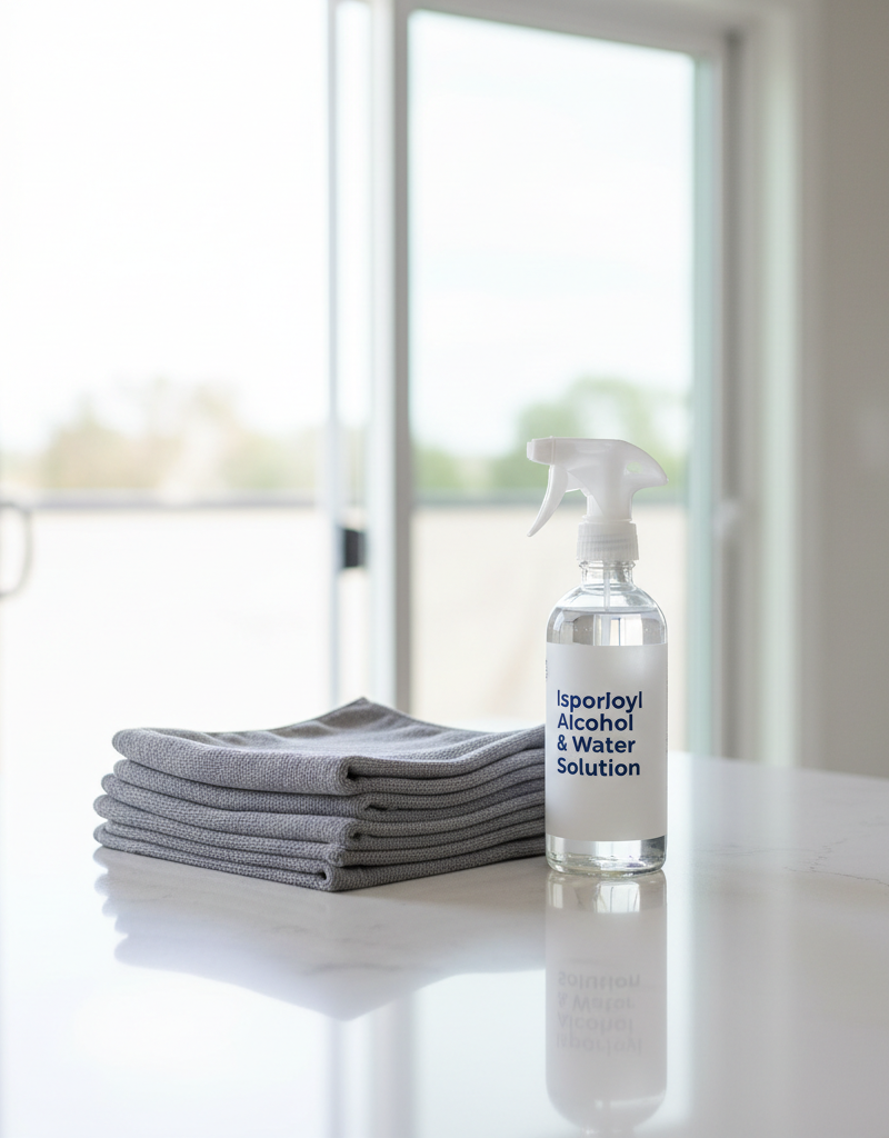Spray bottle of rubbing alcohol solution with microfiber cloths on a clean kitchen counter.