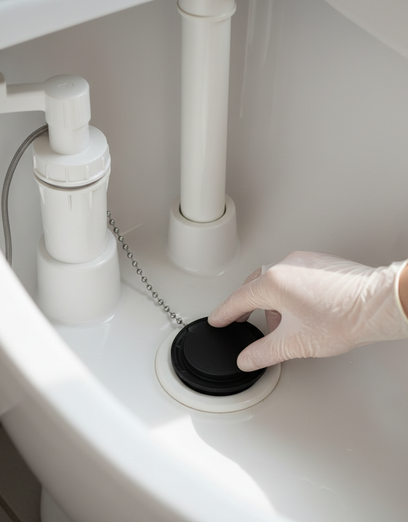 Hand adjusting a toilet flapper inside a white ceramic toilet tank