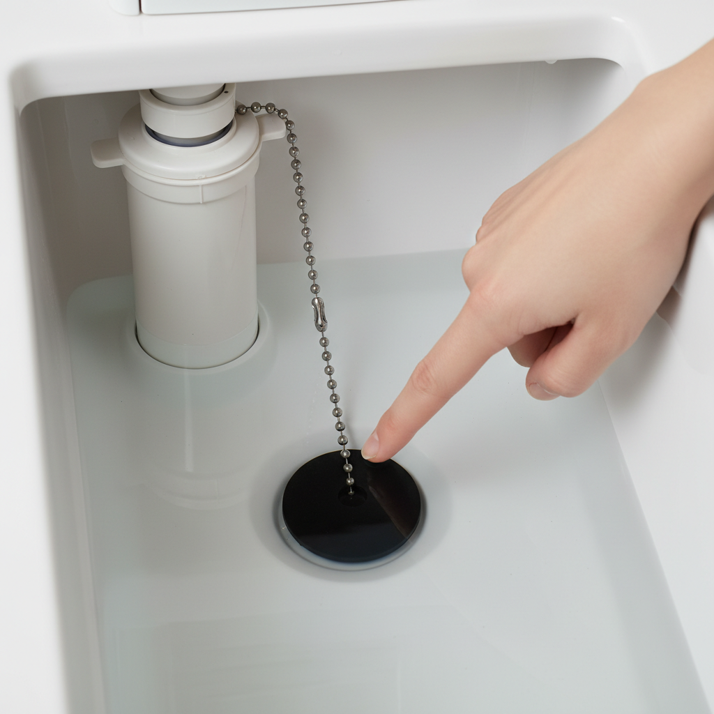 Hand pointing at a toilet flapper inside a toilet tank, demonstrating how to check for wear.