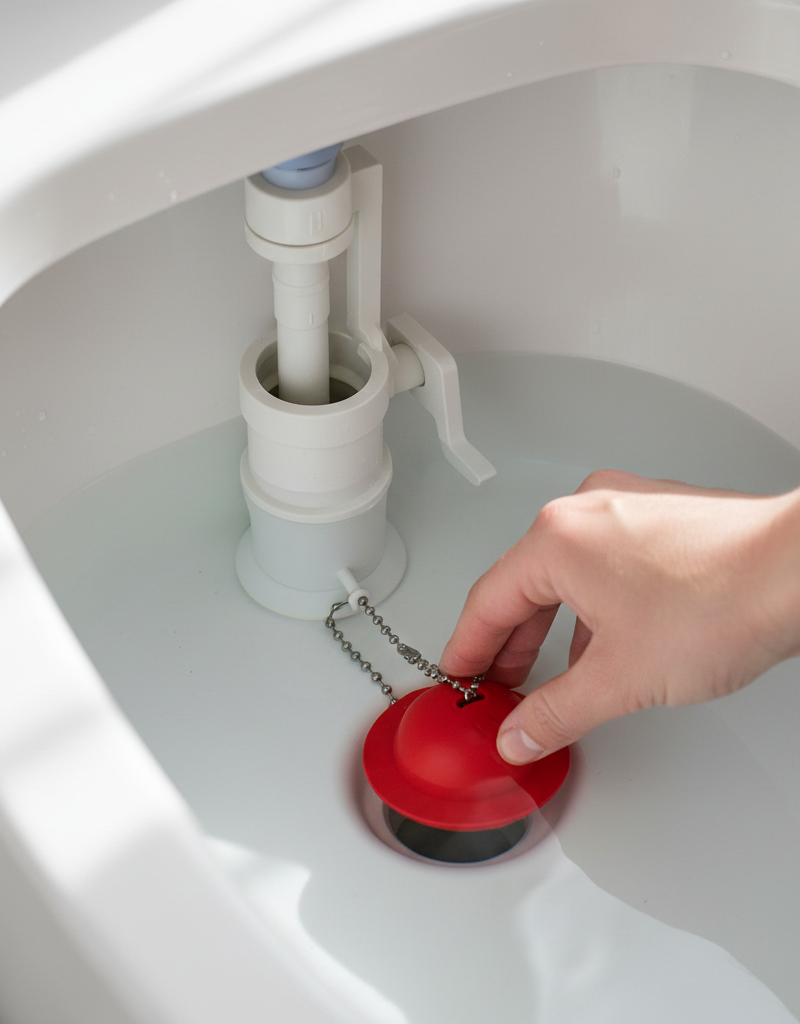 Hand adjusting a red toilet flapper valve inside a clean toilet tank to stop a running toilet.