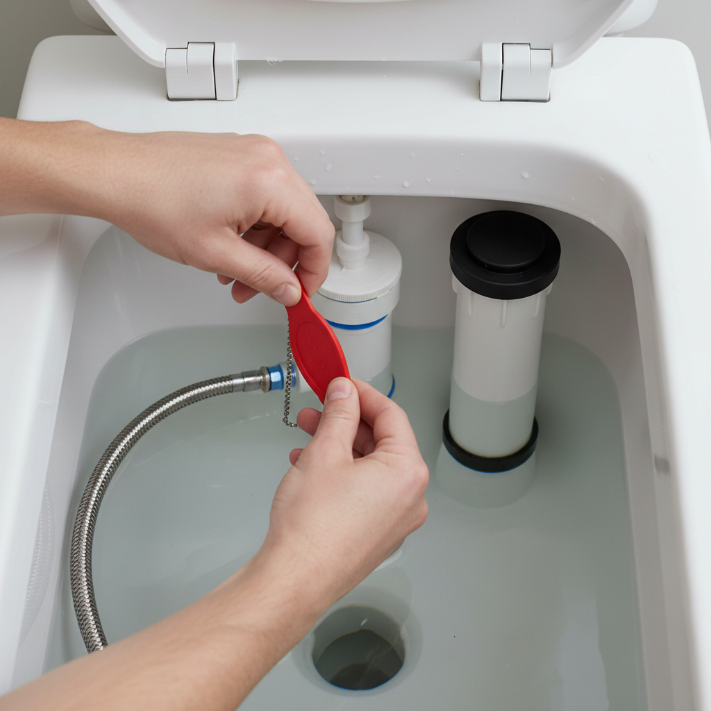 Homeowner inspecting a red toilet flapper valve inside a toilet tank to fix a running toilet