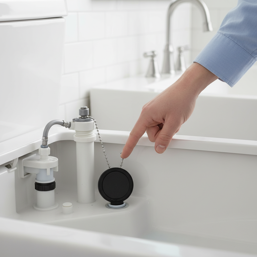 Homeowner performing a dye test in a toilet tank to diagnose a running toilet.