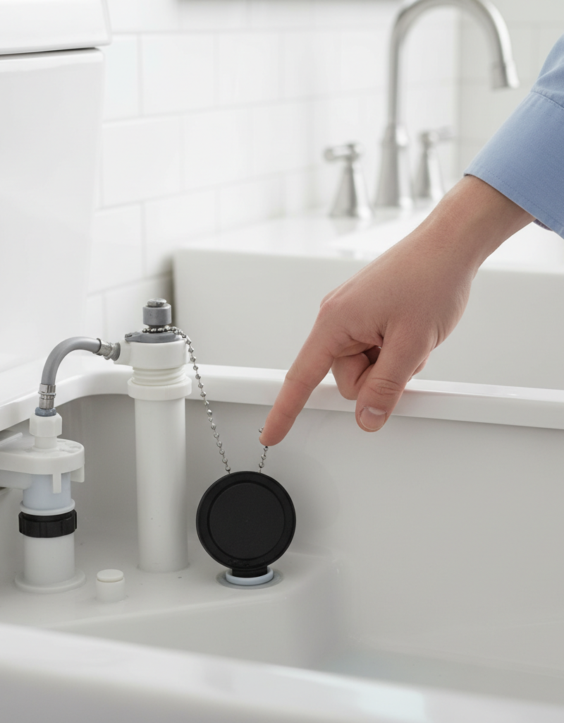 Homeowner performing a dye test in a toilet tank to diagnose a running toilet.