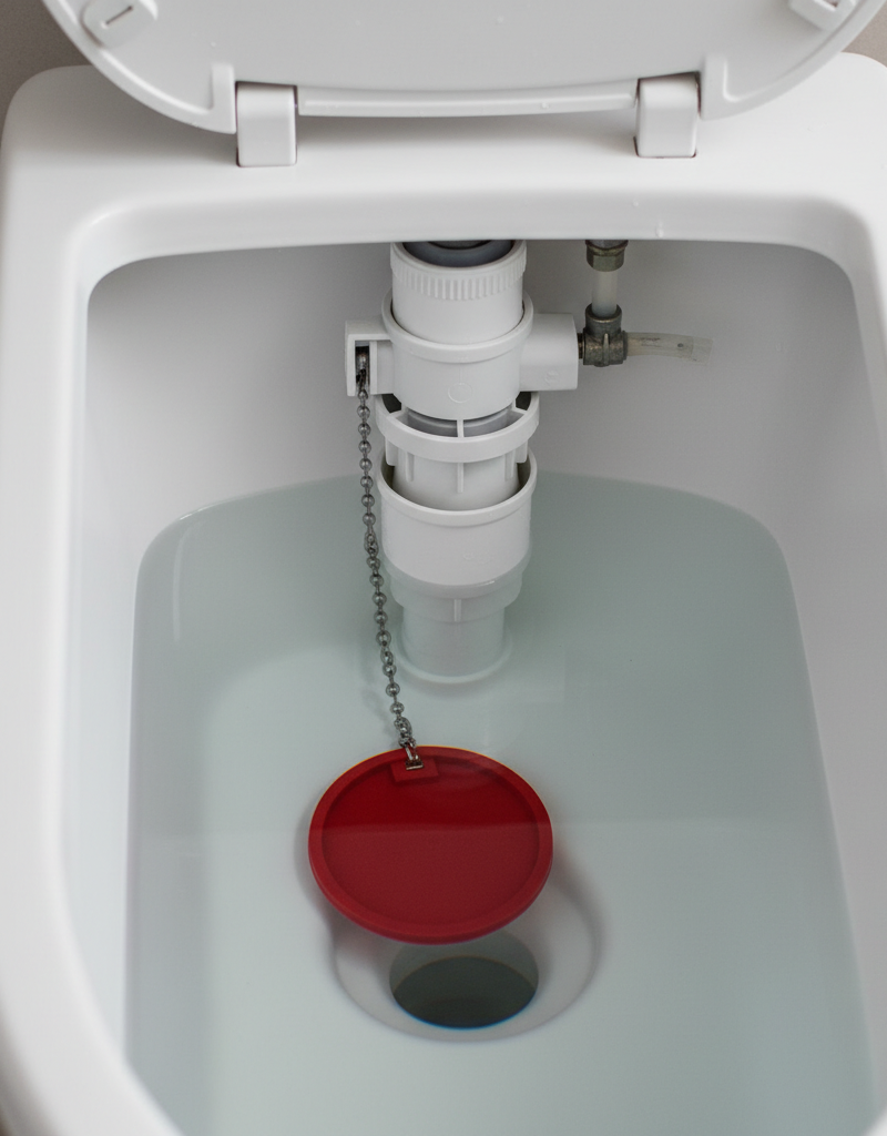 Inside of a toilet tank showing the flapper and fill valve