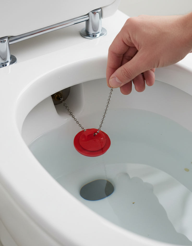 Homeowner's hand adjusting a toilet flapper chain in a clean toilet tank to fix a running toilet.