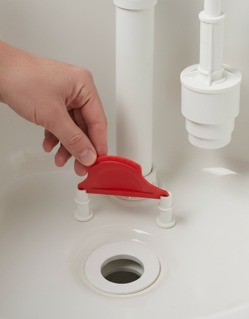 Hand replacing a red rubber flapper in a toilet tank to fix a running toilet.