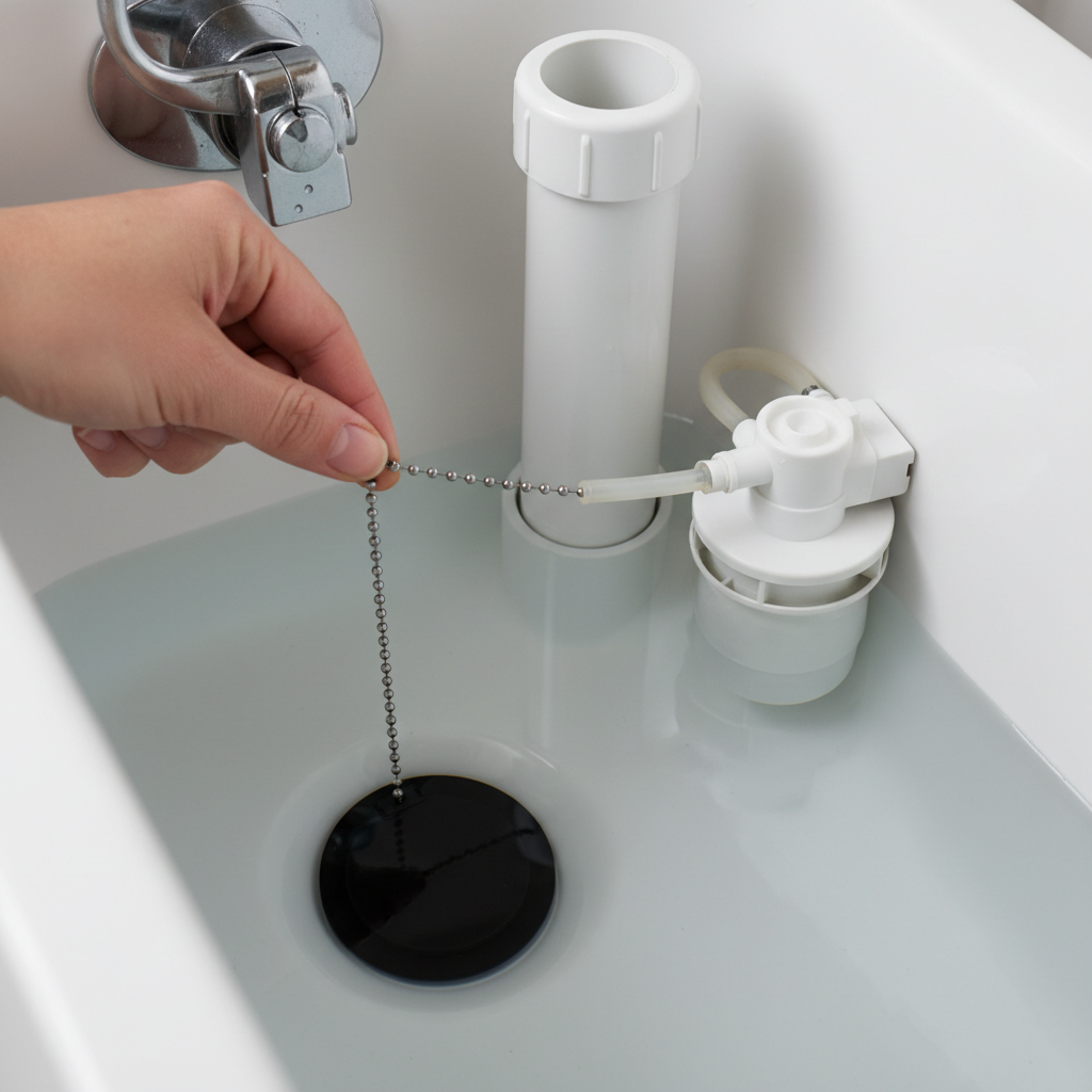 Hand adjusting a toilet flapper chain inside a toilet tank with water, illustrating a common running toilet fix.