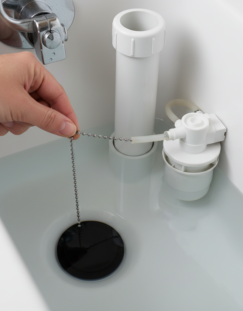 Hand adjusting a toilet flapper chain inside a toilet tank with water, illustrating a common running toilet fix.