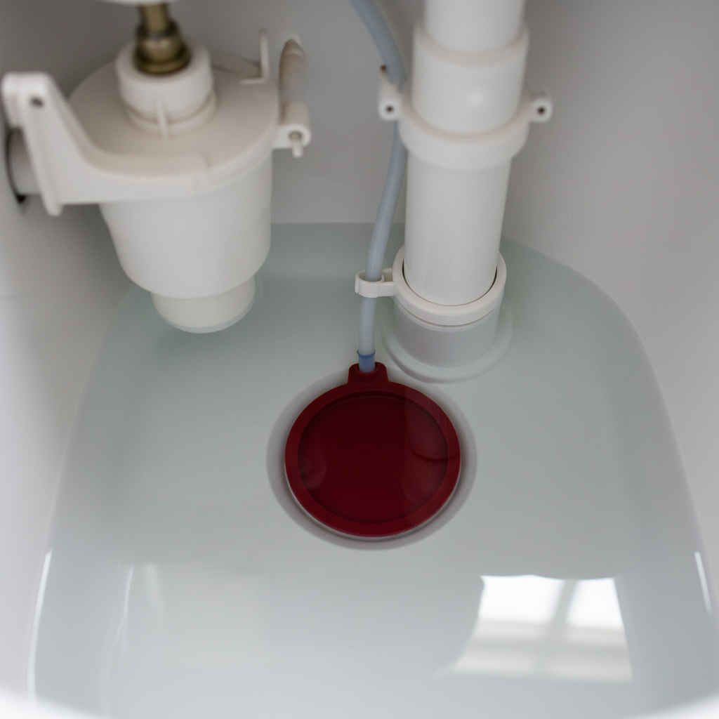 Inside a toilet tank showing a red flapper sealing the drain hole to fix a running toilet