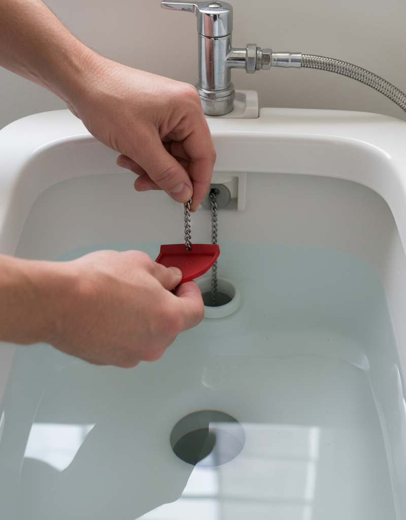 Homeowner inspecting the flapper valve and chain inside a toilet tank to fix a running toilet.