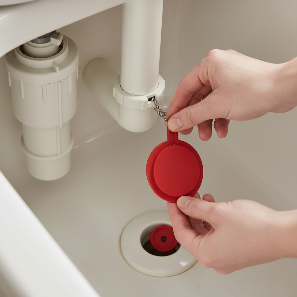 Homeowner's hand replacing a red rubber flapper in a toilet tank to fix a running toilet
