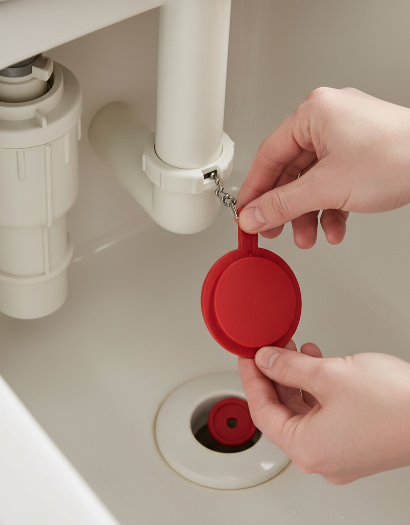 Homeowner's hand replacing a red rubber flapper in a toilet tank to fix a running toilet