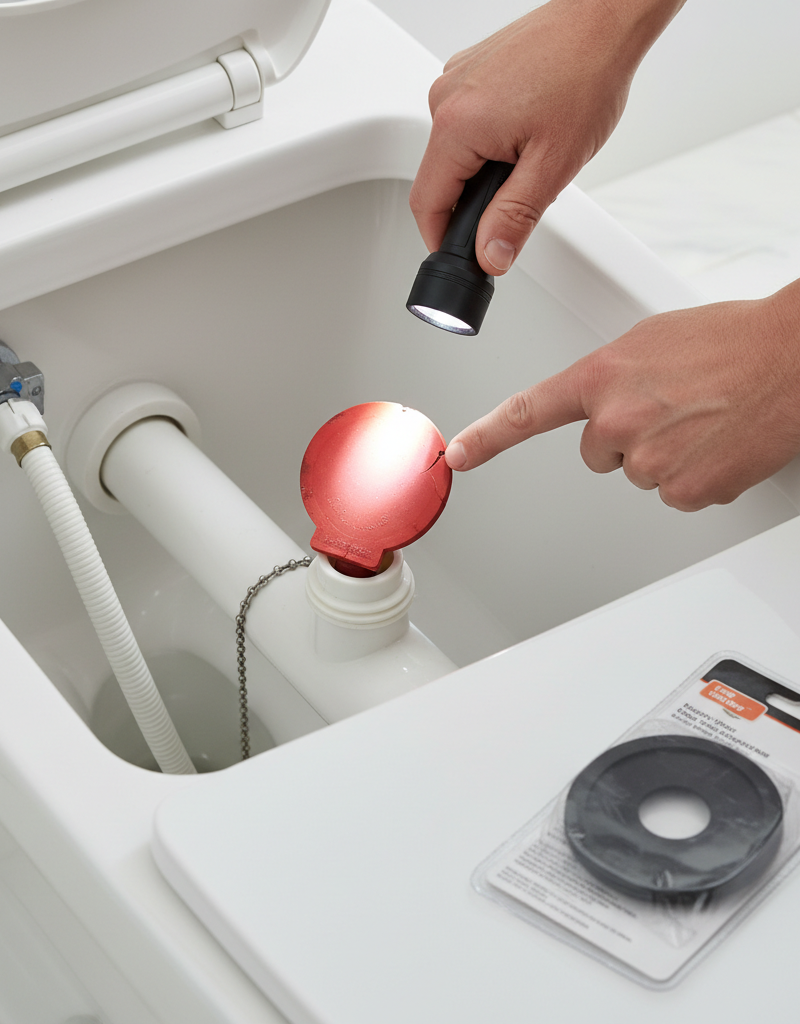 Hands inspecting a toilet flapper valve in a tank to diagnose a running toilet.