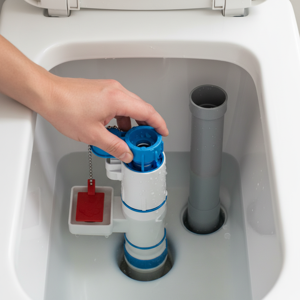 Hand shown adjusting the float cup mechanism inside a toilet tank to stop a running toilet.