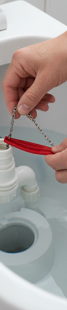 Homeowner's hands inspecting a toilet flapper and chain inside a toilet tank.