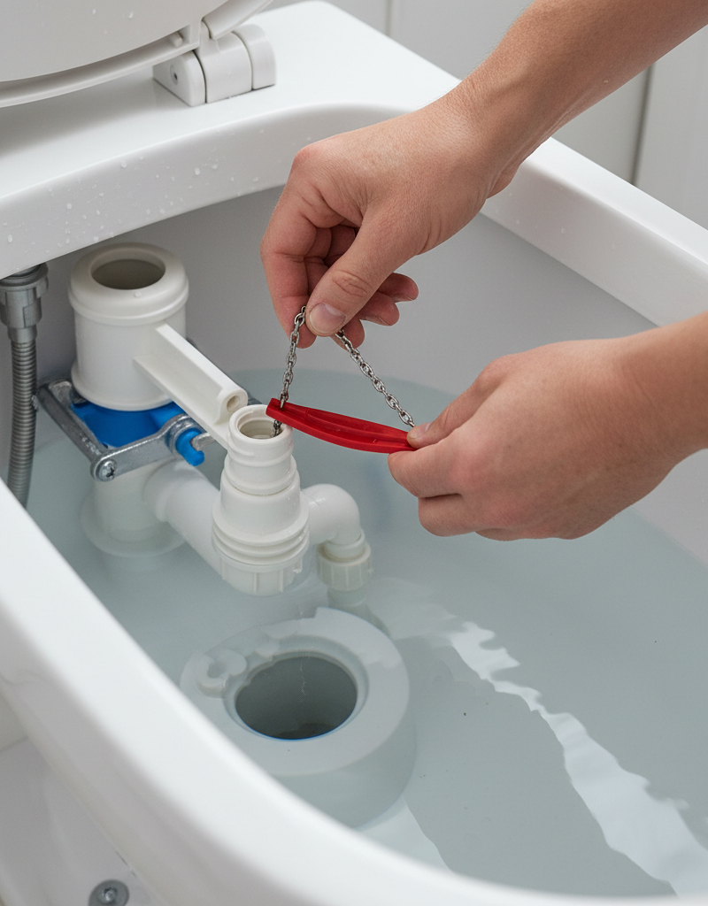 Homeowner's hands inspecting a toilet flapper and chain inside a toilet tank.