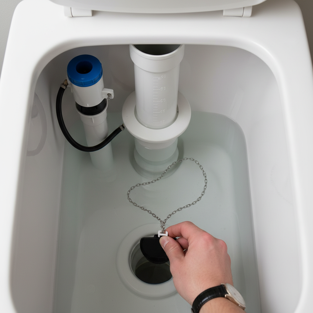 A person's hand adjusting the flapper chain inside a toilet tank to fix a running toilet.