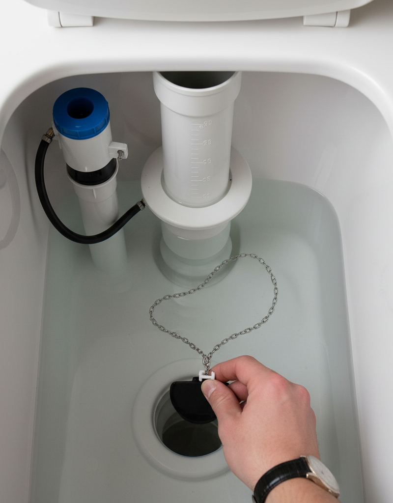 A person's hand adjusting the flapper chain inside a toilet tank to fix a running toilet.
