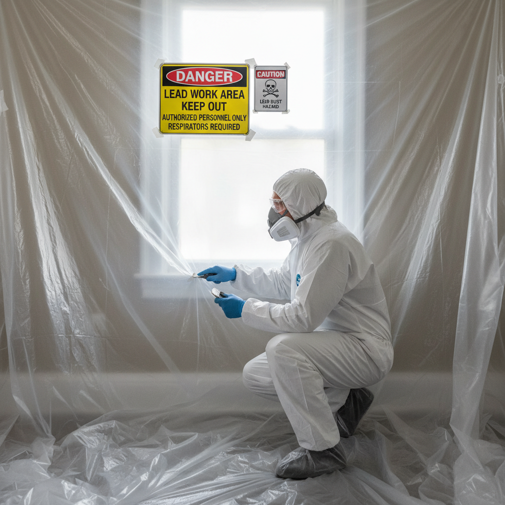 Homeowner in PPE carefully removing lead paint from a window frame with proper containment.