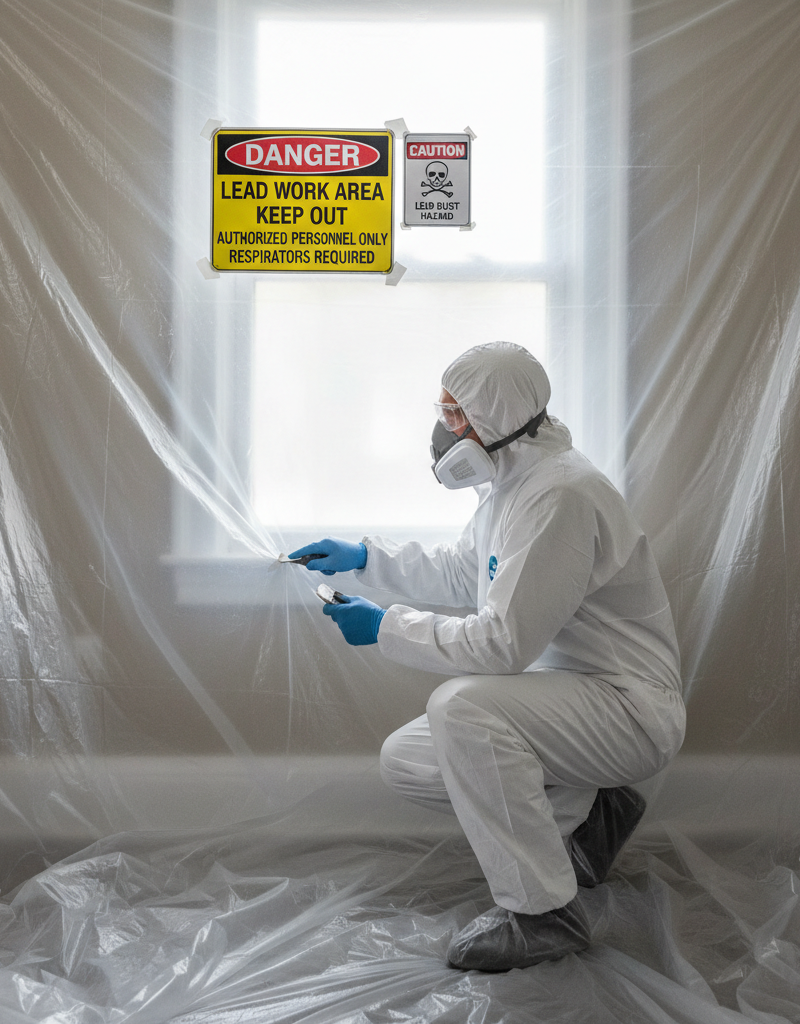 Homeowner in PPE carefully removing lead paint from a window frame with proper containment.