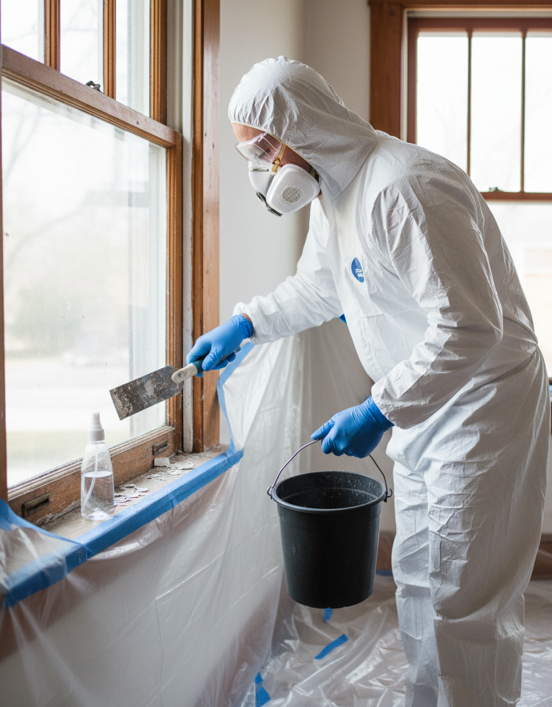 Homeowner in PPE safely scraping lead paint from a window frame using wet methods.