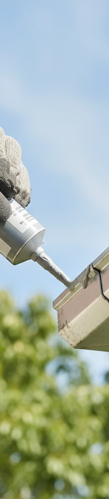 Homeowner on ladder applying sealant to a gutter joint to fix a leak and prevent sagging