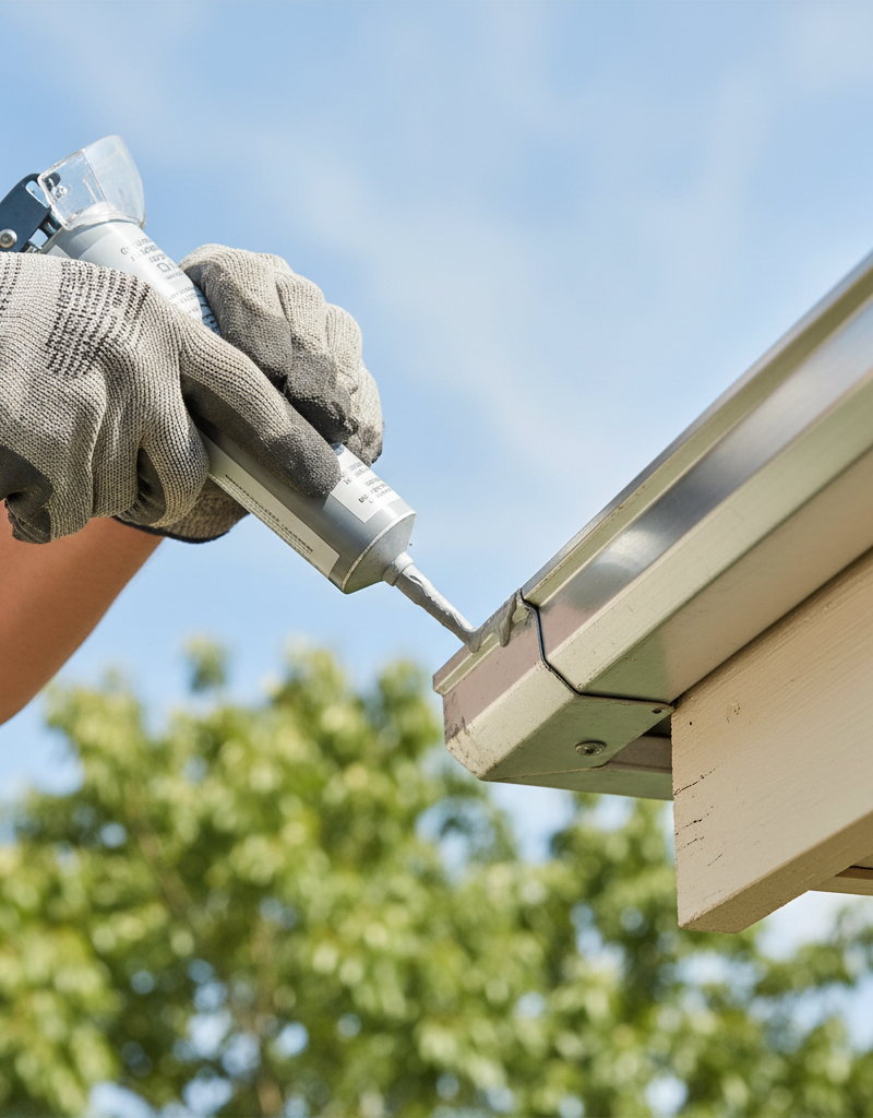 Homeowner on ladder applying sealant to a gutter joint to fix a leak and prevent sagging