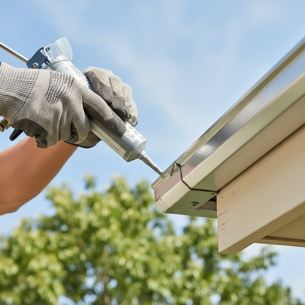 Homeowner on ladder applying sealant to a gutter joint to fix a leak and prevent sagging
