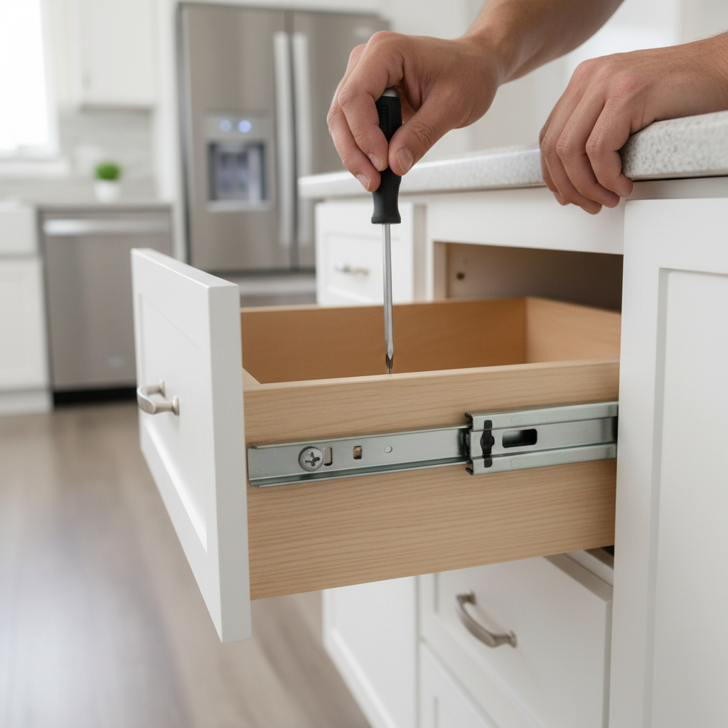 Person tightening a screw on a kitchen drawer glide with a Phillips head screwdriver, fixing a sagging drawer.