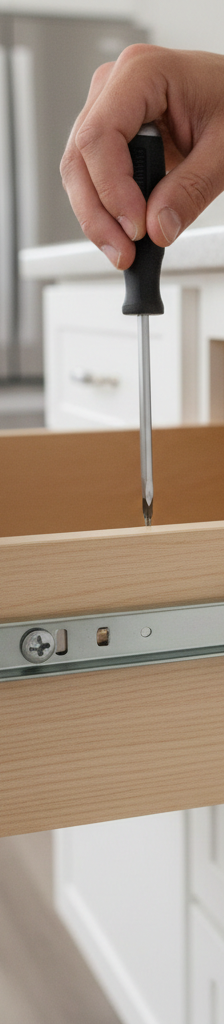 Person tightening a screw on a kitchen drawer glide with a Phillips head screwdriver, fixing a sagging drawer.