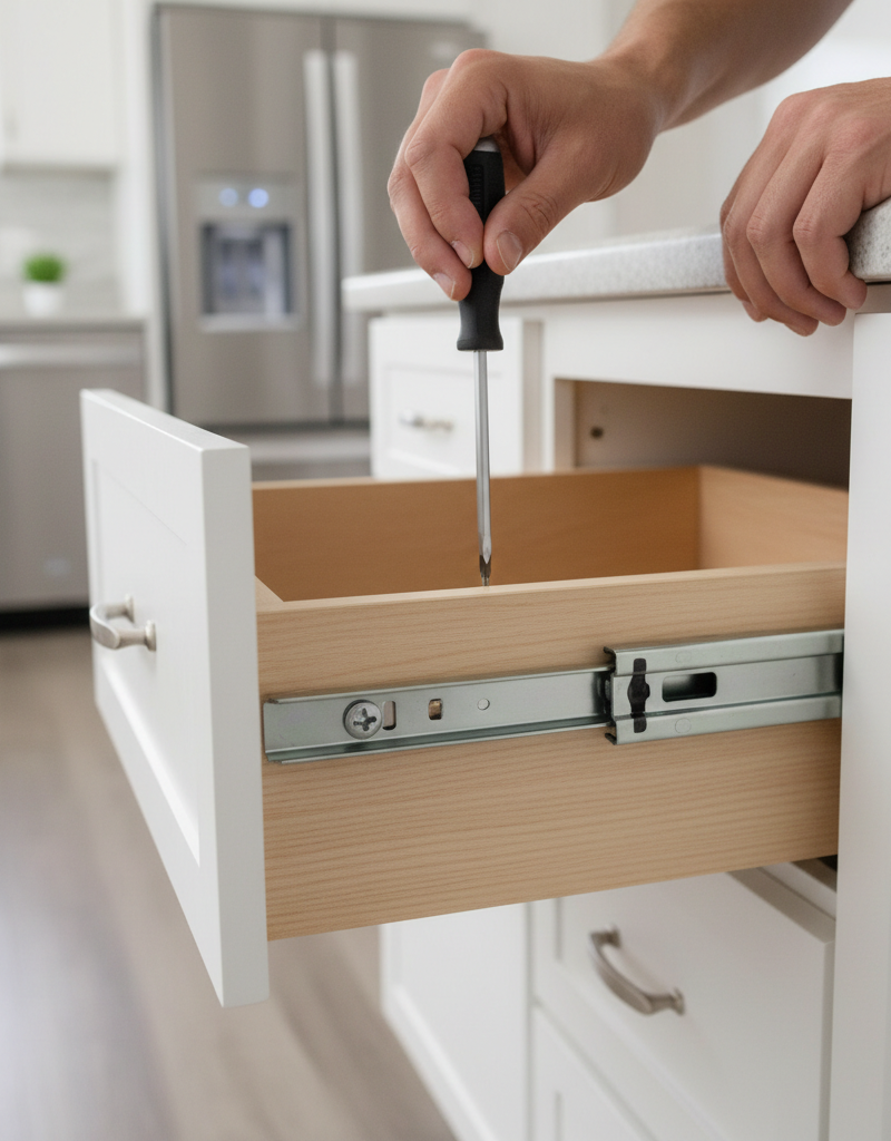 Person tightening a screw on a kitchen drawer glide with a Phillips head screwdriver, fixing a sagging drawer.