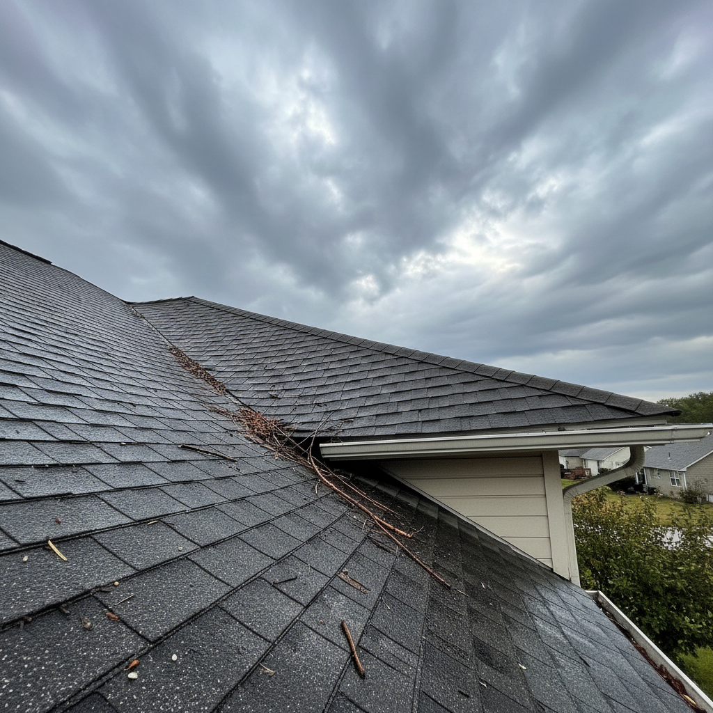 Residential roofline with a distinct sag in the decking after a storm, showing damaged shingles