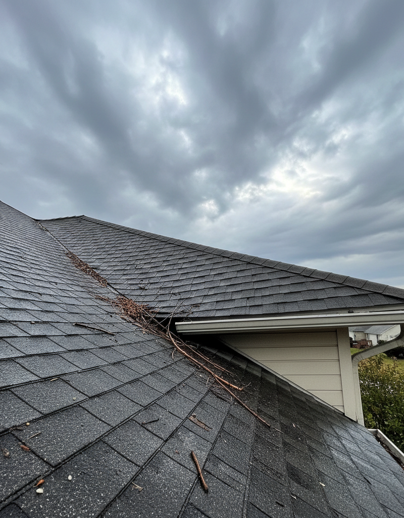 Residential roofline with a distinct sag in the decking after a storm, showing damaged shingles