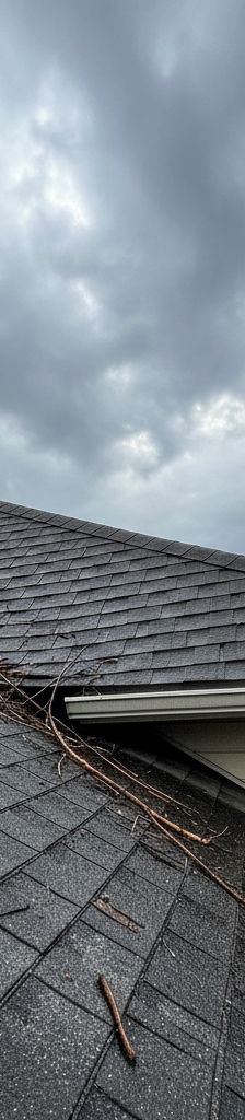 Residential roofline with a distinct sag in the decking after a storm, showing damaged shingles