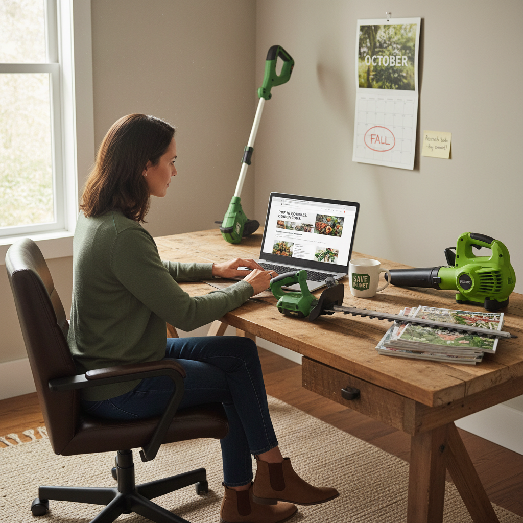 Homeowner researching outdoor power tool deals online